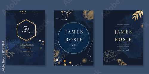 Navy Blue Luxury Wedding Invitation, floral invite thank you, rsvp modern card Design in gold flower with  leaf greenery  branches decorative Vector elegant rustic template