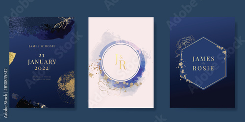 Navy Blue Luxury Wedding Invitation, floral invite thank you, rsvp modern card Design in gold flower with  leaf greenery  branches decorative Vector elegant rustic template