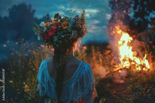 Woman with floral wreath at night with bonfire. Summer Solstice Day, Midsummer, Litha, Ivan Kupala celebration. Slavic pagan holiday. Wiccan ritual, witchcore aesthetics