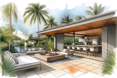 Sleek architectural draft for a tropical outdoor dining area, integrating modern design with natural elements for a stylish home.