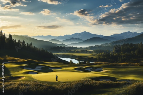 Golf scene with a player in midswing, beautiful golf course, mountains in the background, serene morning photo