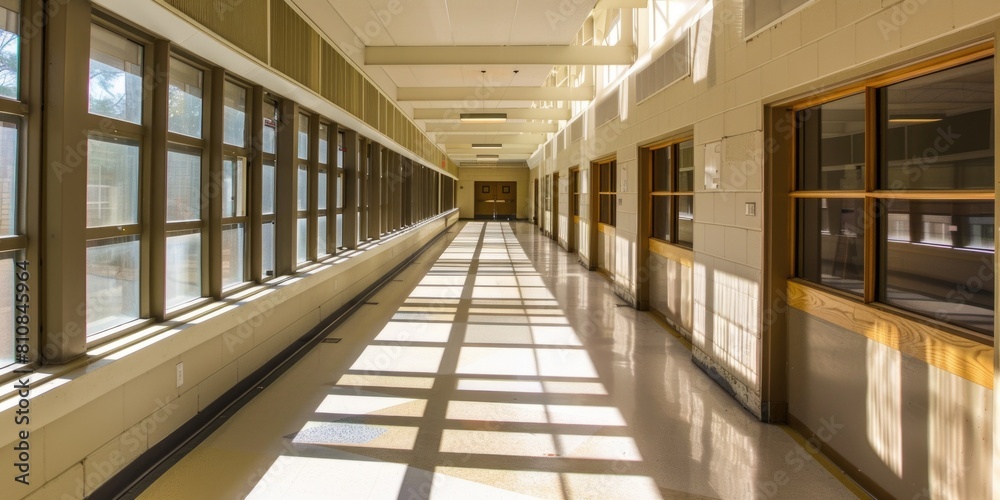 Fototapeta premium Empty school corridor bathed in sunlight, casting geometric shadows on the floor. The hallway features windows along one side and classroom doors on the other