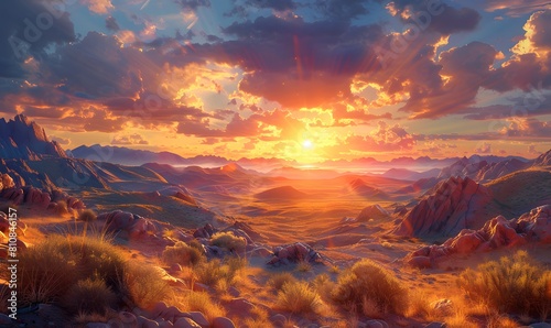 beauty of a wild landscape bathed in the warm glow of the setting sun, with vibrant hues of orange, pink, and gold painting the sky and reflecting off the rugged terrain