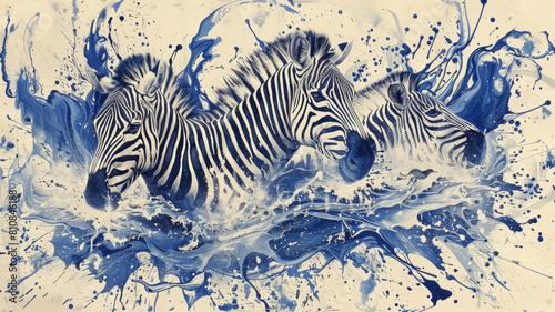 Three zebras are swimming in a body of water