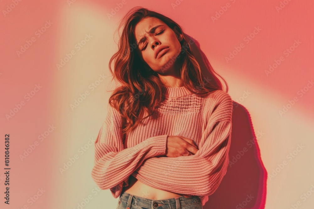 A woman in a pink sweater leaning against a pink wall. Suitable for lifestyle or fashion concepts A woman in a pink sweater leaning against a pink wall. Suitable for lifestyle or fashion concepts
