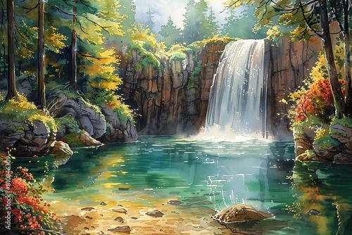 Watercolor Tranquility: Enchanting Forest Scene with Crystal Clear Lake