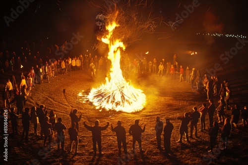People dancing around a large bonfire at night. Summer Solstice Day, Midsummer, Litha, Ivan Kupala celebration. Slavic pagan holiday. Wiccan ritual, witchcore aesthetics