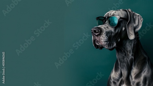 A majestic Great Dane, donning oversized sunglasses, sits on the right side of a deep forest green background, leaving space on the left for text, perfect for promoting pet insurance plans. © muhriZ