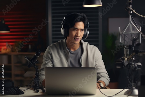 Young man using laptop and headphones Fictional Character Created By Generative AI. 
