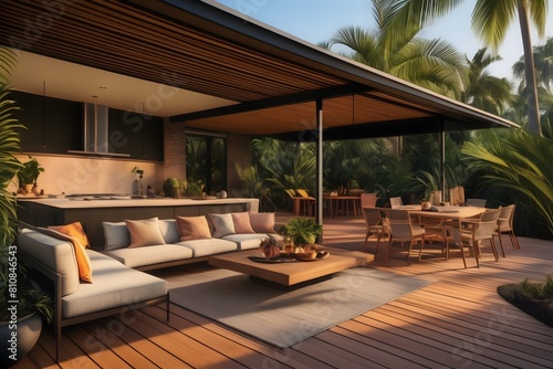 Sleek architectural draft for a tropical outdoor dining area, integrating modern design with natural elements for a stylish home. © OzCam