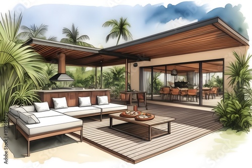 Sleek architectural draft for a tropical outdoor dining area  integrating modern design with natural elements for a stylish home.