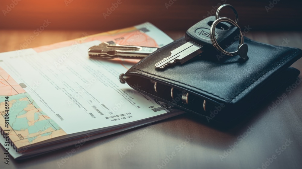 Car keys and wallet on a wooden table Car keys and wallet on a wooden table