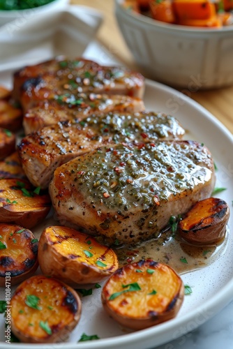 Juicy grilled pork chops with savory vegetables, presented on a plate ready to serve for a delectable feast