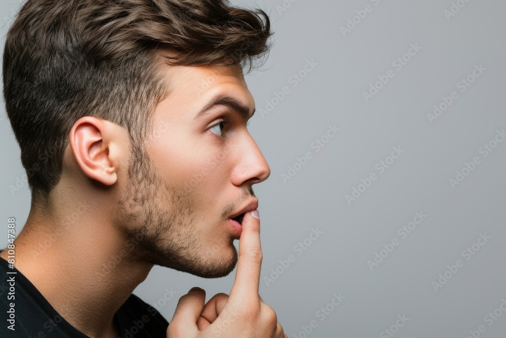 A man making a shushing gesture. Suitable for concepts of secrecy or silence A man making a shushing gesture. Suitable for concepts of secrecy or silence