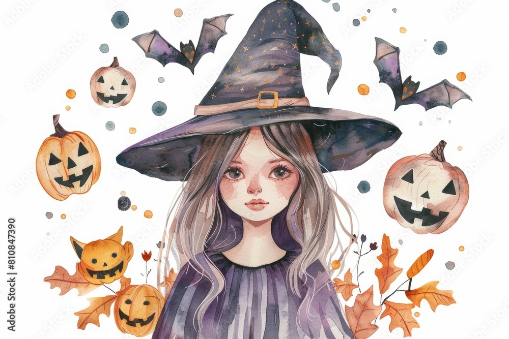 Colorful watercolor painting of a girl wearing a witch hat. Great for ...