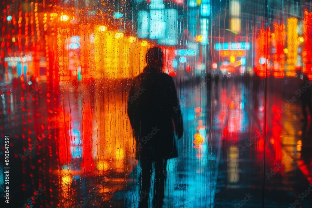 A lone silhouette walks through a rain-drenched street illuminated by the colorful glow of neon lights reflecting on wet surfaces A lone silhouette walks through a rain-drenched street illuminated by the colorful glow of neon lights reflecting on wet surfaces