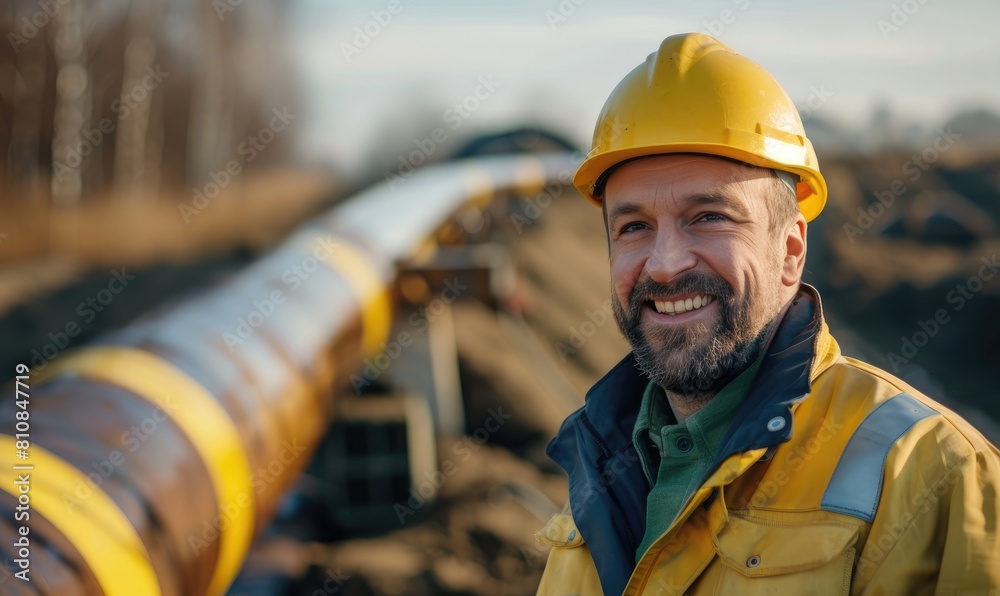 Smiling male construction worker in safety gear at a pipeline construction site Smiling male construction worker in safety gear at a pipeline construction site
