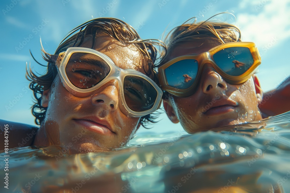 Fototapeta premium A sun-drenched shot of a swimmer's hair with water glistening, as they come out of the pool