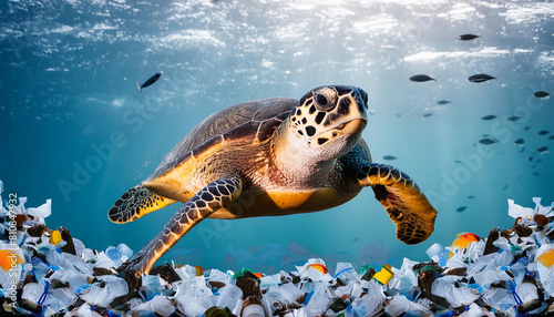 Image of a sea turtle swimming in an ocean filled with plastic waste.  Poster campaign of world of Ocean day in AI generated © Atiwat