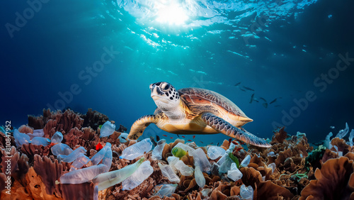 Image of a sea turtle swimming in an ocean filled with plastic waste.  Poster campaign of world of Ocean day in AI generated © Atiwat