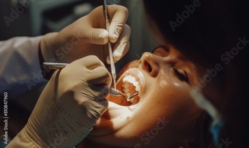 Dental examination and procedure in progress on a patient with an open mouth, showcasing dental care and treatment