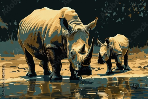 Image of a couple of rhinos standing side by side. Suitable for wildlife or conservation themes
