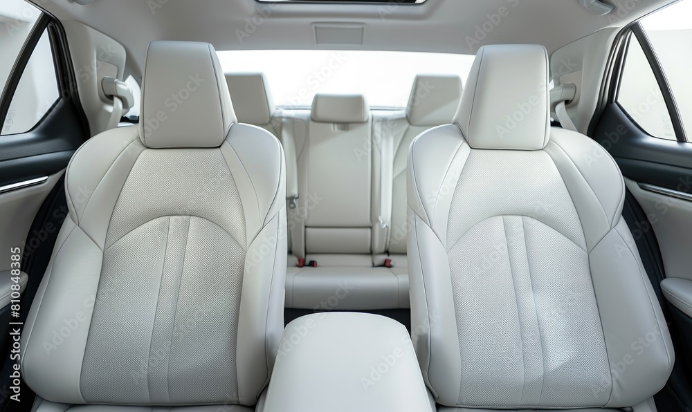 Fototapeta premium The spacious interior of a modern car showcasing the front seats and dashboard design in daylight