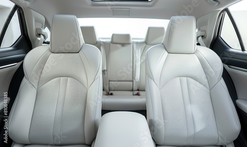 The spacious interior of a modern car showcasing the front seats and dashboard design in daylight © Daniela