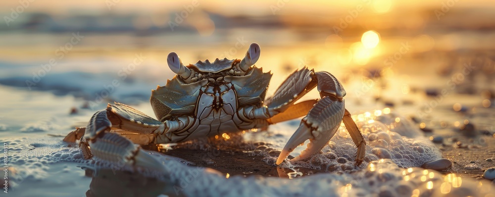A vividly detailed crab stands alert on a sandy beach, bathed in the warm golden light of the setting sun creating a serene scene A vividly detailed crab stands alert on a sandy beach, bathed in the warm golden light of the setting sun creating a serene scene