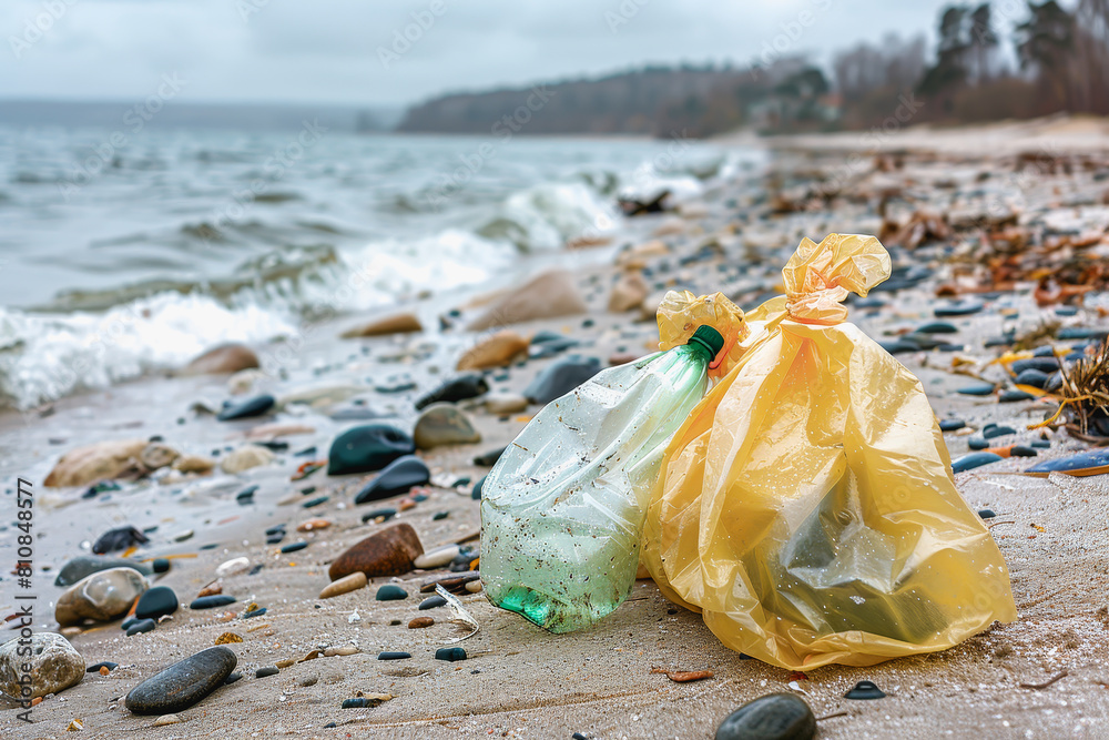 a plastic packaging, in the beach coast, pollution, garbage a plastic packaging, in the beach coast, pollution, garbage