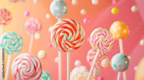 Candy of pink land background, delicious lollipops and bonbons