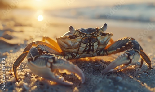 A vividly detailed crab stands alert on a sandy beach, bathed in the warm golden light of the setting sun creating a serene scene © Daniela