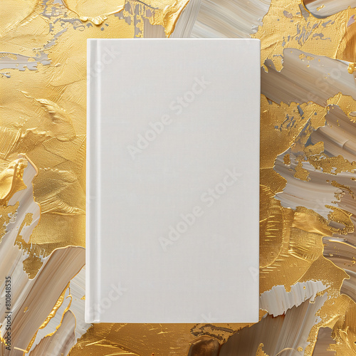 Mockup of a new book with blank white cover in modern neat style on an abstract gold and white paint background. Square template for social media post for books and advertisement.