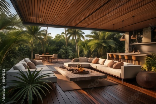 Sleek architectural draft for a tropical outdoor dining area  integrating modern design with natural elements for a stylish home.