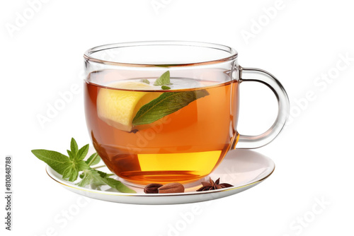 A cup of hot tea on a white background. The tea is steaming and there is a lemon wedge and a mint leaf on the side.