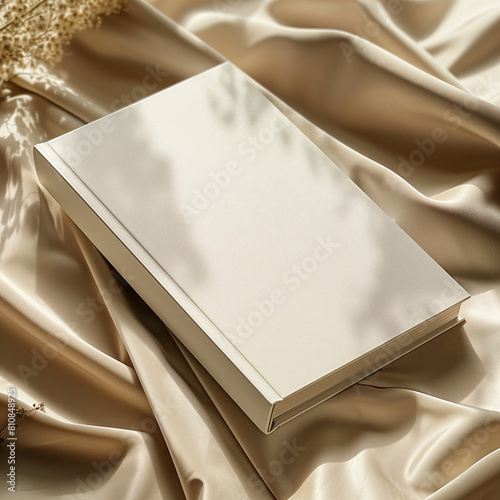Mockup of a new book with blank gold cover in modern neat style on an abstract gold fabric background. Square template for social media post for books and advertisement.