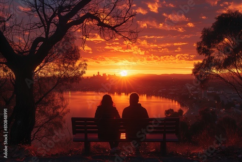 Two People Watching Sunset on Bench