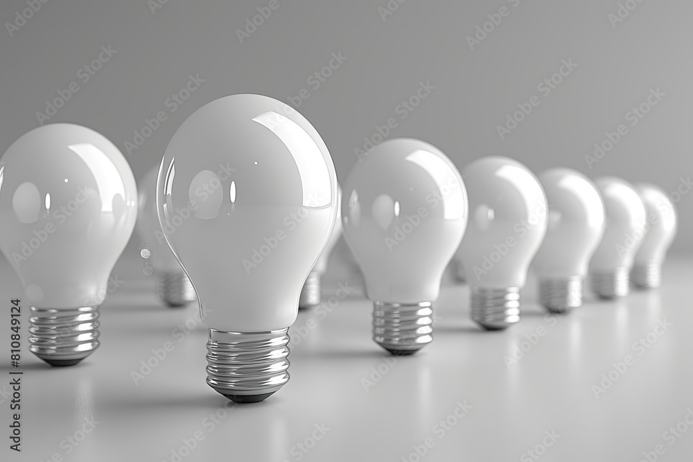 A visually pleasing repetition of pristine white light bulbs arranged in a straight line to create a sense of order and focus A visually pleasing repetition of pristine white light bulbs arranged in a straight line to create a sense of order and focus