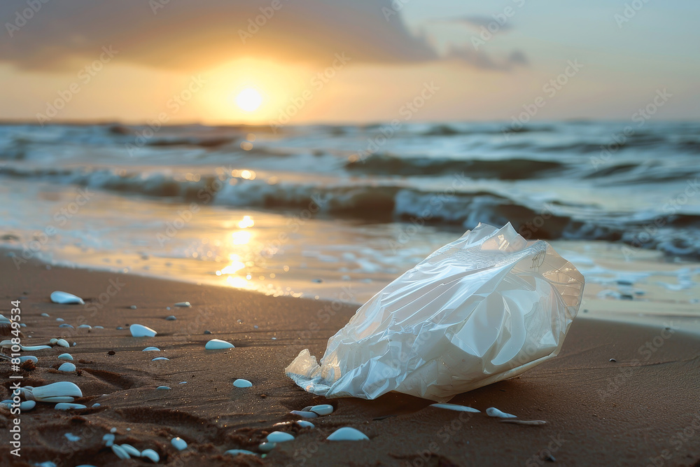 a plastic packaging, in the beach coast, pollution, garbage a plastic packaging, in the beach coast, pollution, garbage