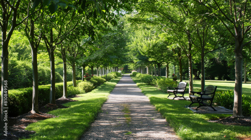 A path lined with trees and benches leads to a park A path lined with trees and benches leads to a park