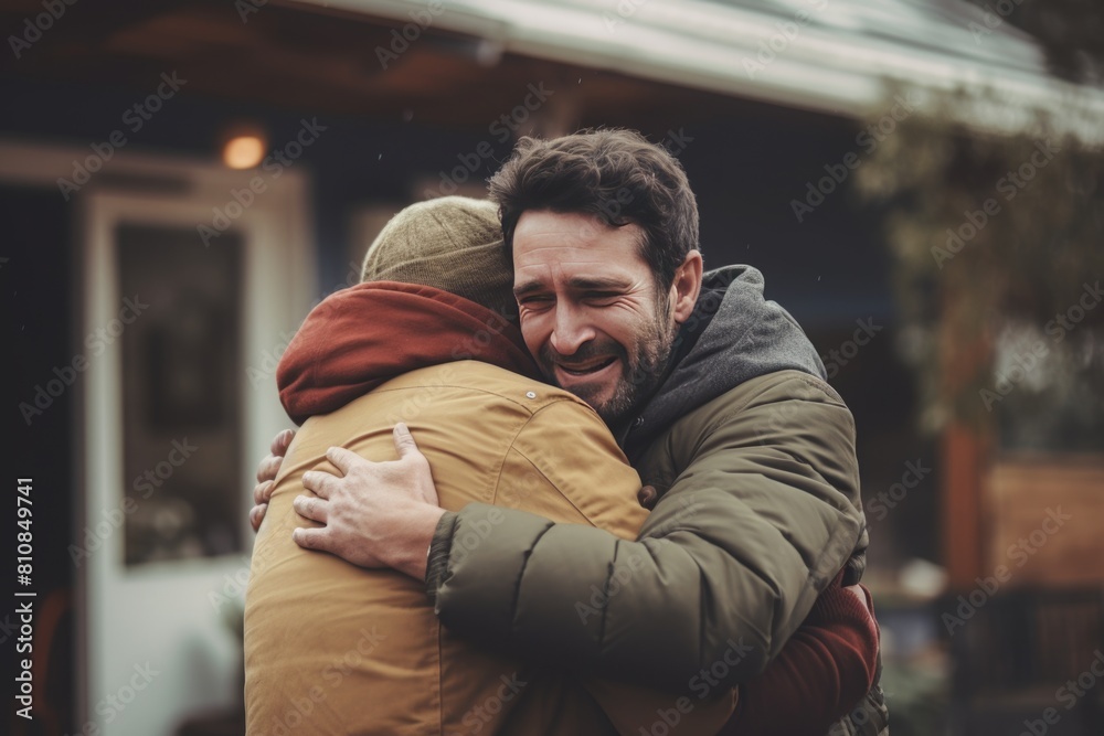 Two Men Hugging Each Other Outdoors Fictional Character Created By Generative AI. Two Men Hugging Each Other Outdoors Fictional Character Created By Generative AI.