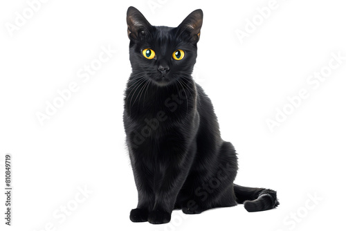 A Bombay cat with sleek black fur and penetrating eyes, sitting, isolated on transparent background