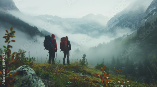 Two people are standing on a mountain top  looking out over the foggy landscape