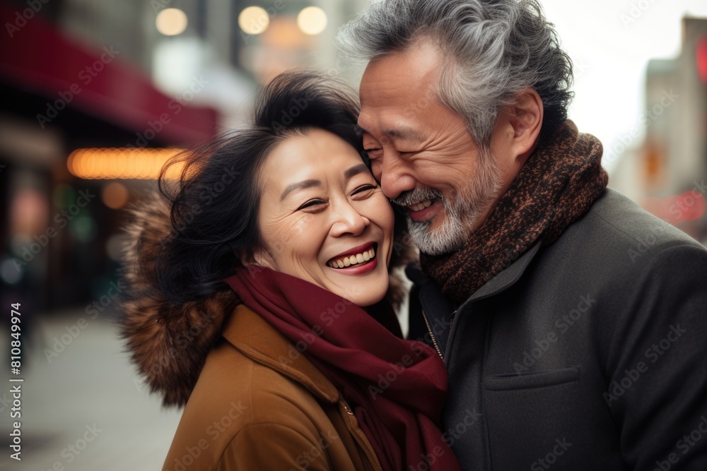 An older couple embracing each other in front of a store display window Fictional Character Created By Generative AI. An older couple embracing each other in front of a store display window Fictional Character Created By Generative AI.