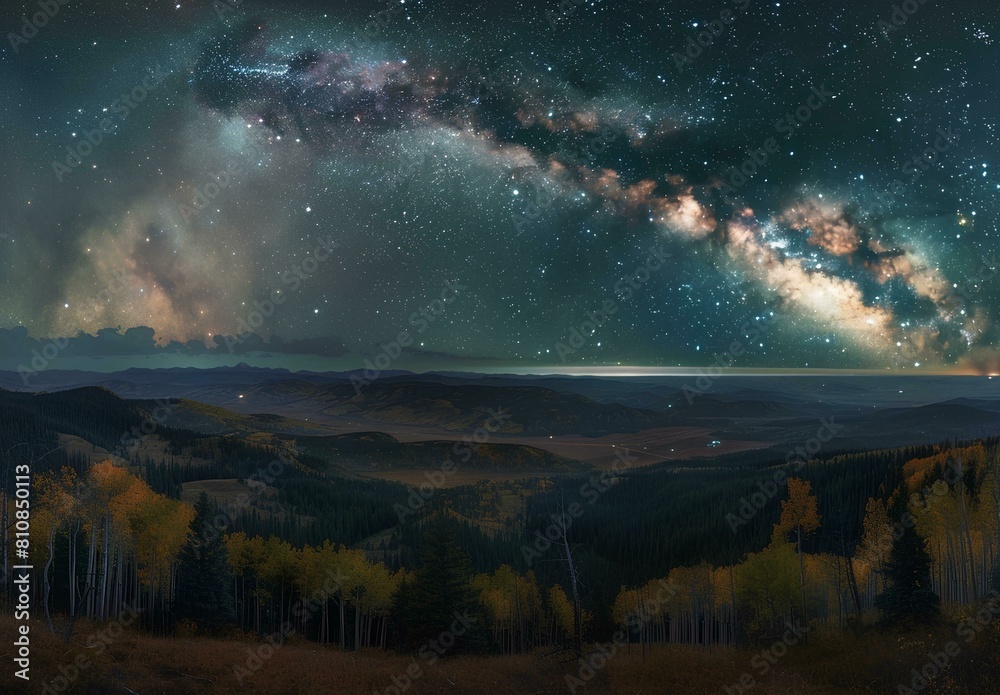 Fantastic starry night landscape with trees and Milky Way Fantastic starry night landscape with trees and Milky Way