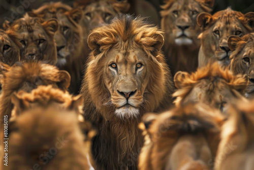 A group of lions are standing in a line