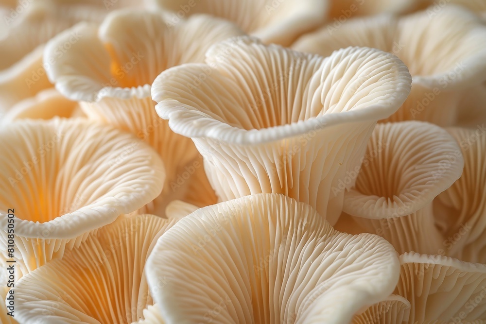 A detailed shot capturing the intricate patterns and textures of white oyster mushrooms, highlighting the organic beauty of fungi A detailed shot capturing the intricate patterns and textures of white oyster mushrooms, highlighting the organic beauty of fungi