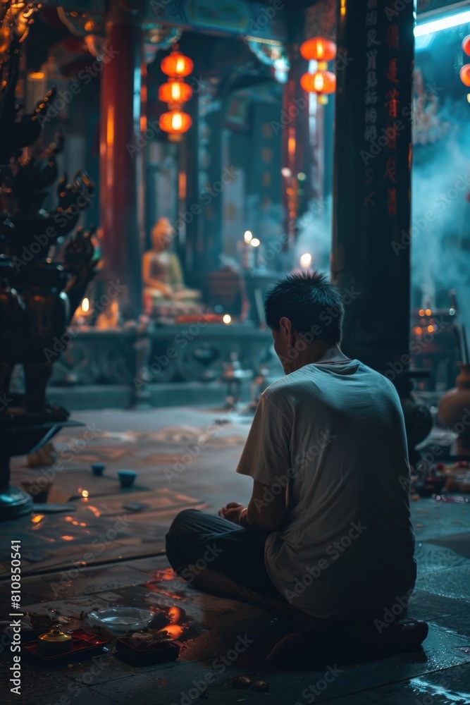 A man sitting on the ground in a temple. Suitable for religious or spiritual concepts A man sitting on the ground in a temple. Suitable for religious or spiritual concepts