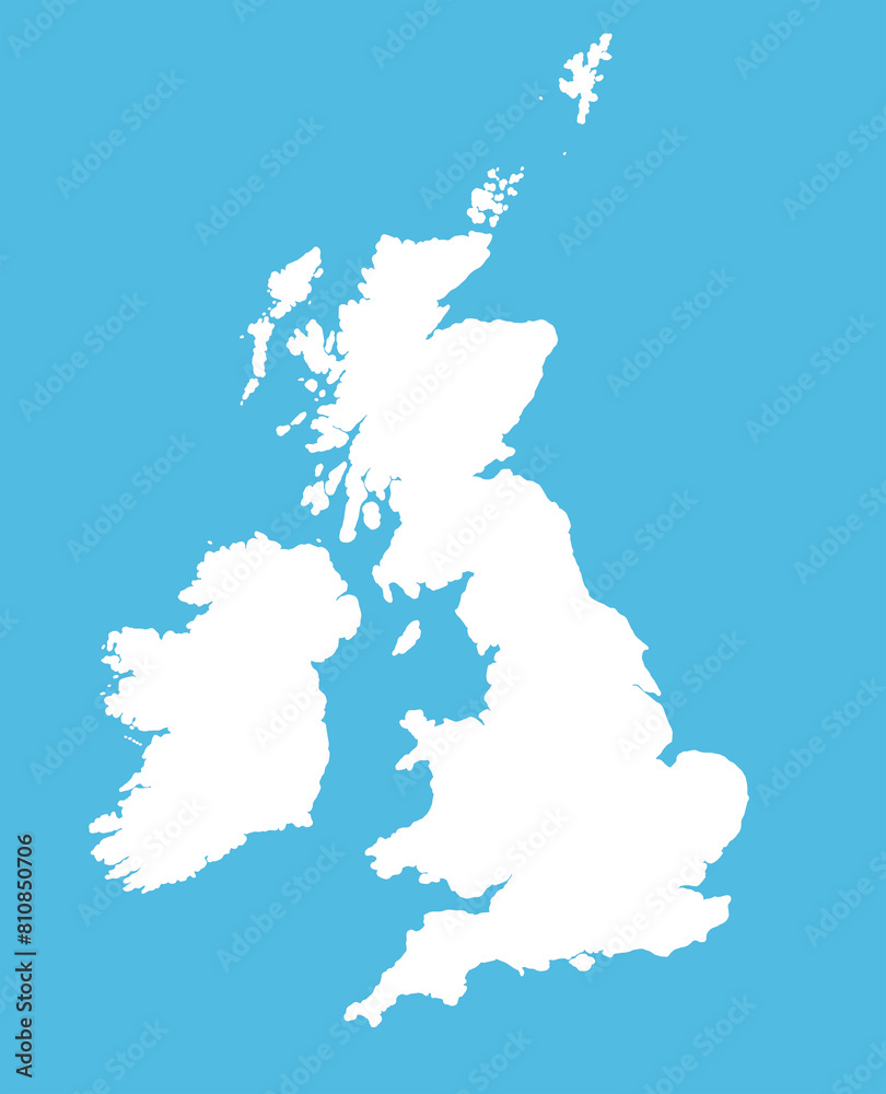 Obraz premium White silhouette of Great Britain on the blue background. Map illustration of European country.