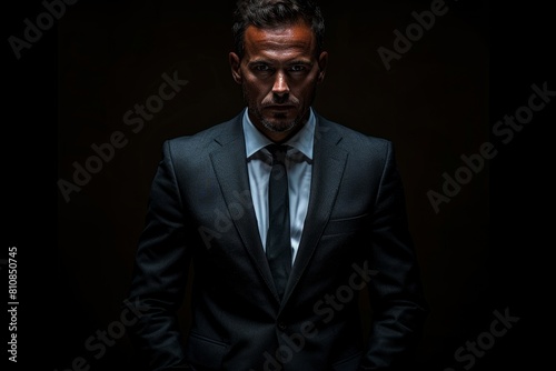 A man in a blazer and tie stands in the dark, with a visible beard